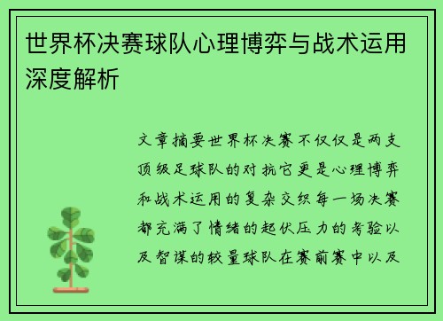 世界杯决赛球队心理博弈与战术运用深度解析