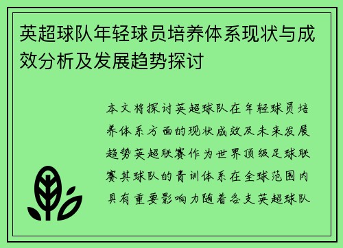 英超球队年轻球员培养体系现状与成效分析及发展趋势探讨