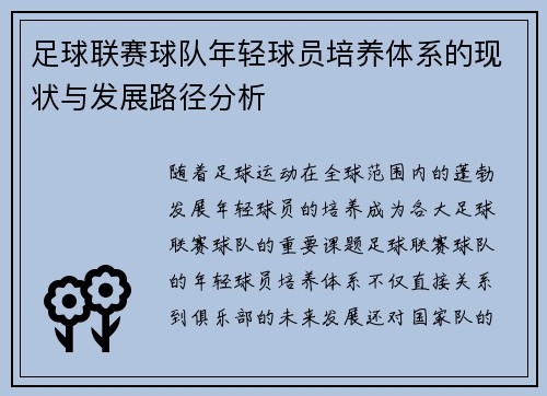 足球联赛球队年轻球员培养体系的现状与发展路径分析