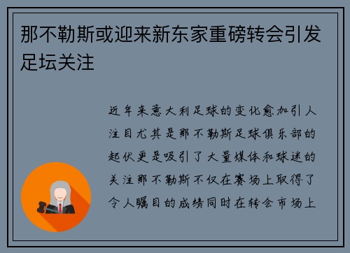 那不勒斯或迎来新东家重磅转会引发足坛关注